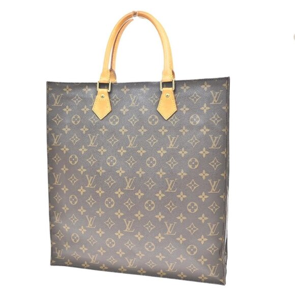 LOUIS VUITTON Logo Sac Plat Hand Tote Bag Monogram Leather Brown M51140 86CA049 - Picture 1 of 14